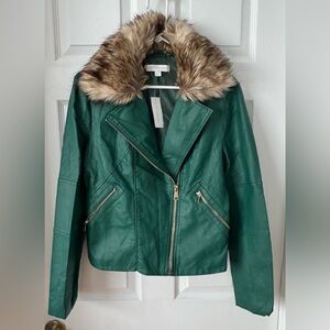 New York & Company Green Leather Jacket with Faux Fur Collar